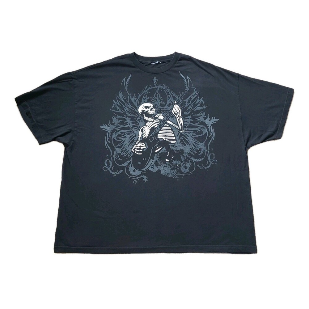Vintage Y2K Skeleton Guitarist Sz 3XL Mens Black Gothic Scrollwork T-Shirt Wings